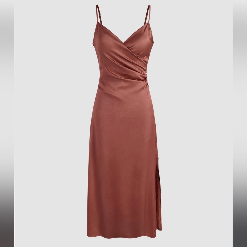 CIDER | Solid Satin Slit Midi Dress